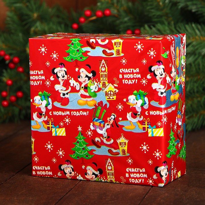 Бумага упаковочная голография "Счастья в новом году" Микки Маус и его друзья ,70 х100 см