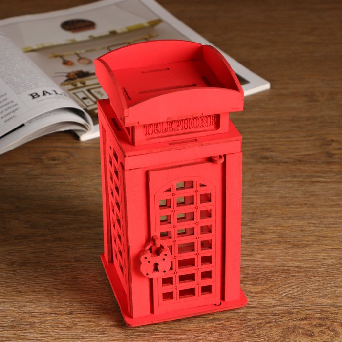 Копилка деревянная "Телефонная будка", красная, 19 см