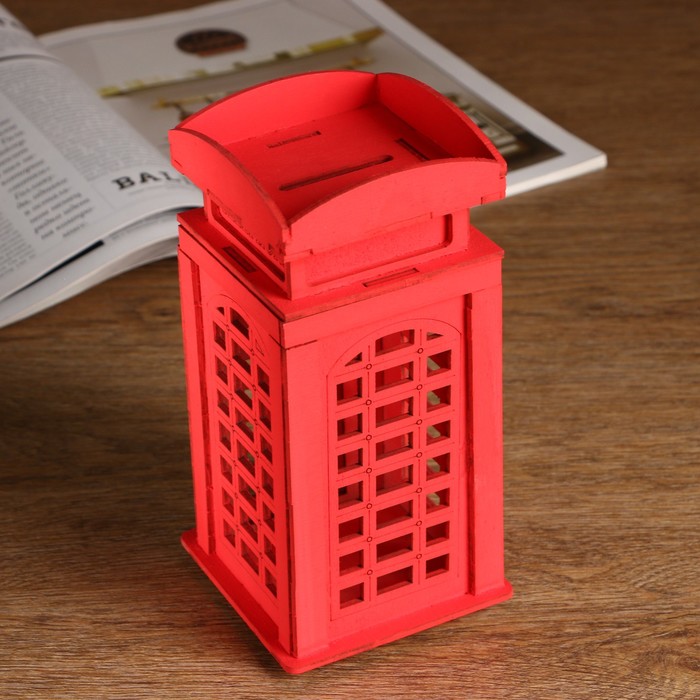 Копилка деревянная "Телефонная будка", красная, 19 см