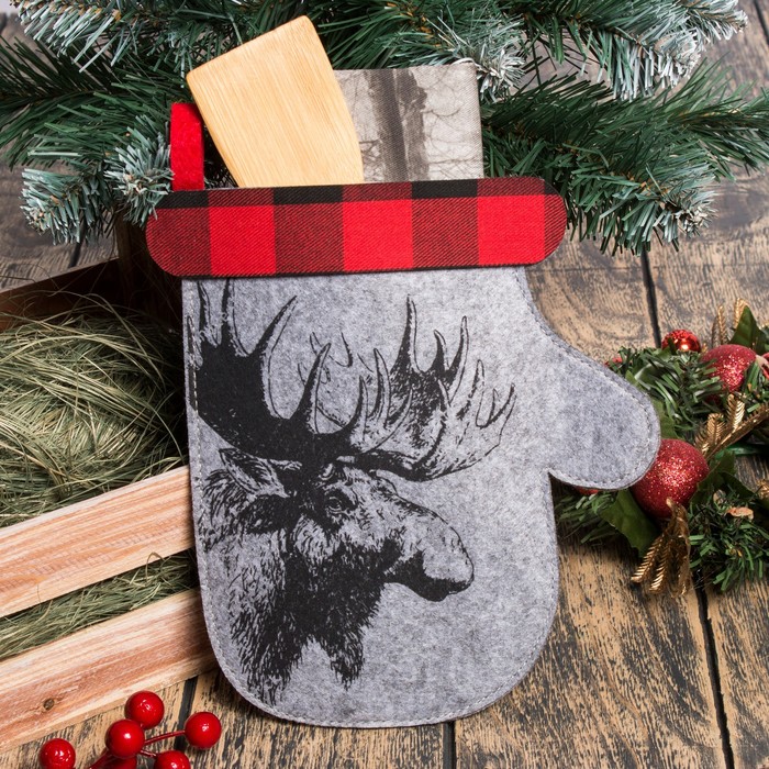 Набор "Доляна" Лось, полотенце 44х72 см, лопатка 20х5 см, фетровая варежка 14х22 см