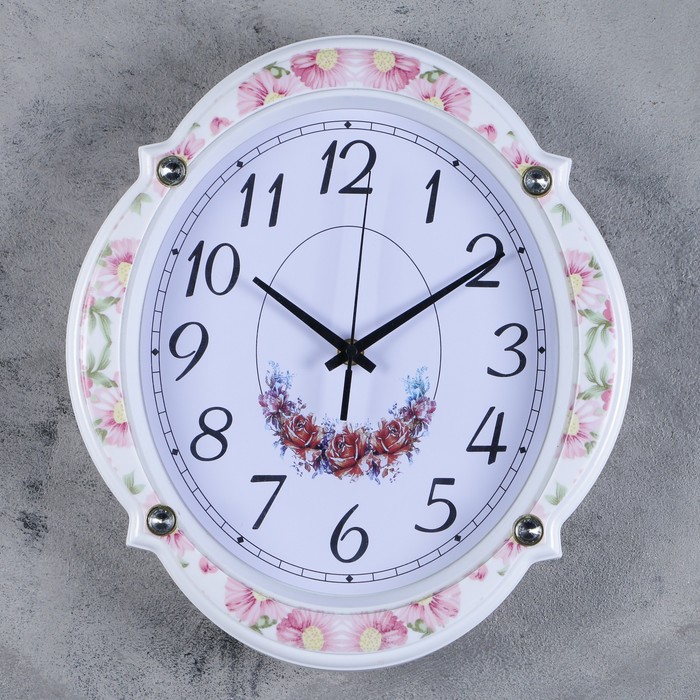 Часы настенные овал, рама с цветами, 29,5*32,5*3
