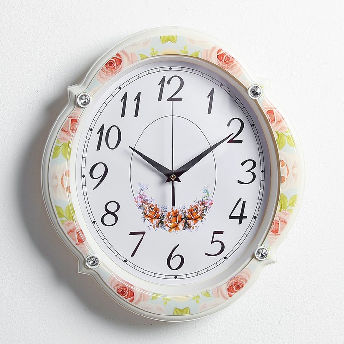 Часы настенные овал, рама с цветами, 29,5*32,5*3