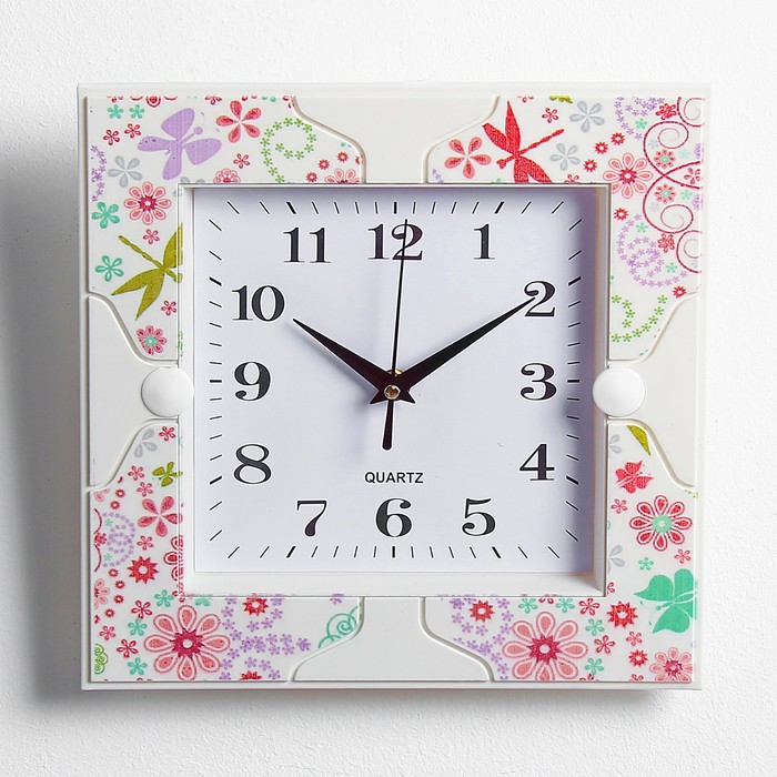 Часы настенные квадрат, рама с цветами и бабочками, 25,5*25,5*3
