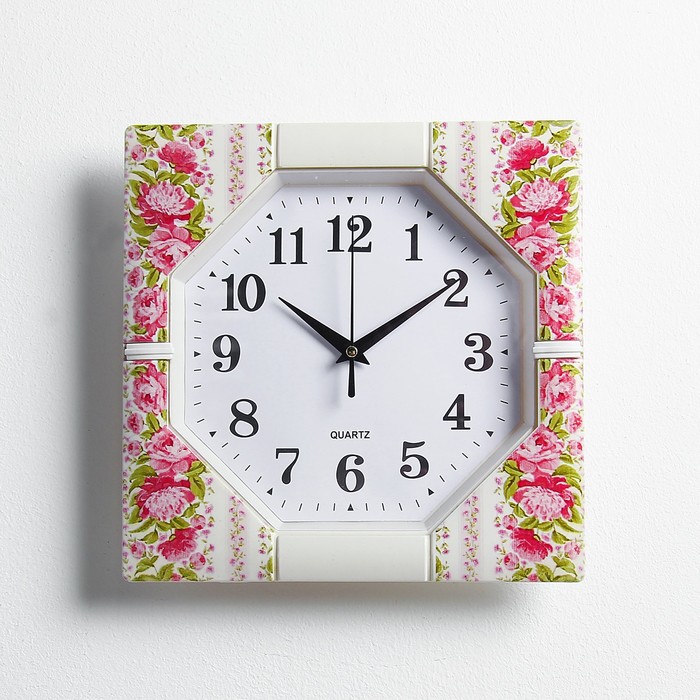 Часы настенные квадрат, рама с цветами, 25*25*3