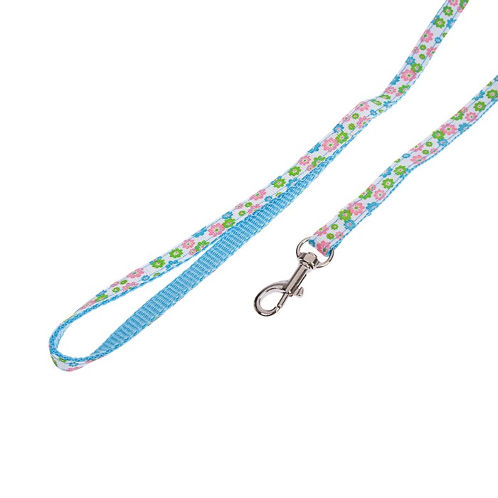 Комплект амуниции, ширина 1 см, ошейник 18-30 см, поводок 120 см, голубой в цветочек