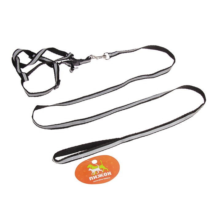 Комплект со светоотражающей лентой, ширина 1 см, поводок 120 см, шлейка 26-40 см, черный