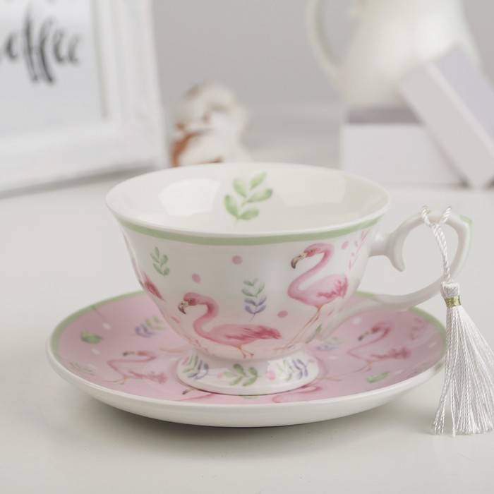 Чайная пара "Фламинго" чашка 220 мл, блюдце d-15 см, рисунок МИКС