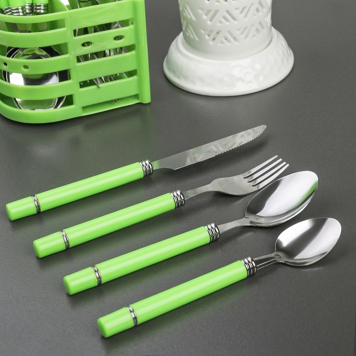 Набор столовых приборов "Хэнди", 24 предмета, на пластиковой подставке, цвет зеленый