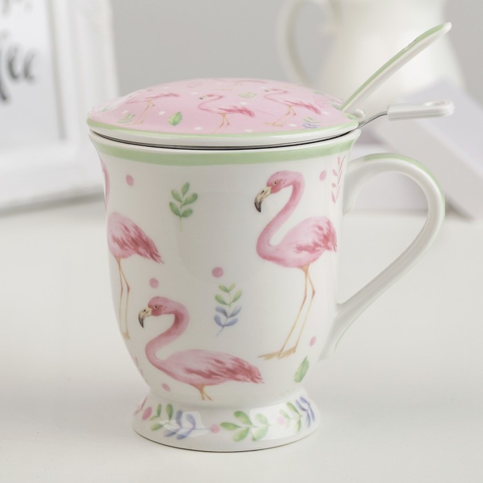 Кружка с ситом, ложкой и крышкой "Фламинго" 350 мл,  рисунок МИКС