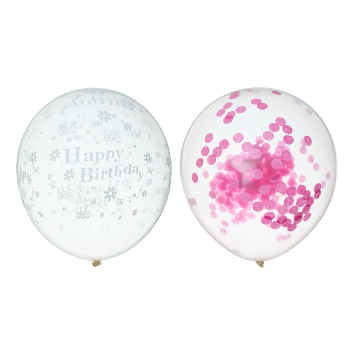 Шары латексные 12" "С днём рождения!", розовое конфетти, набор 6 шт.
