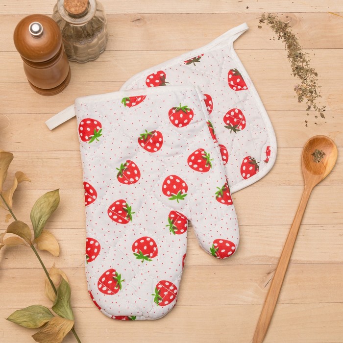 Кух. набор 2 пр. Доляна Клубничка, прихватка 15x15 см, рукавица 23х15 см,100% пэ