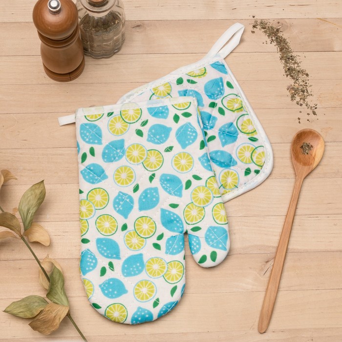 Кух. набор 2 пр. Доляна Лимончики вид1, прихватка 15x15см,рукавица 23х15см,100% пэ