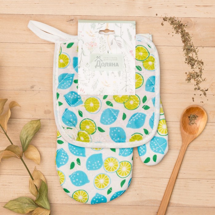 Кух. набор 2 пр. Доляна Лимончики вид1, прихватка 15x15см,рукавица 23х15см,100% пэ