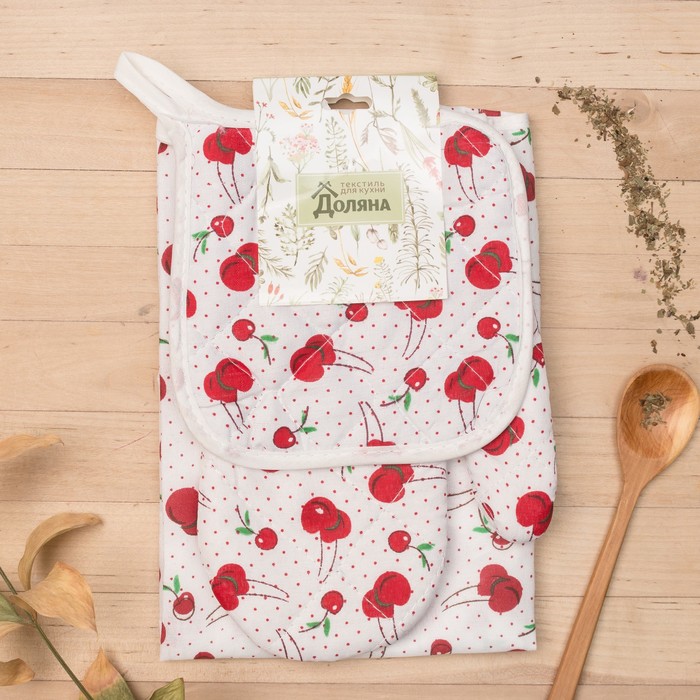 Кух. набор 3 пр.Доляна"Вишенки"прихватка 15x15см,рукавица 23х15см,фартук 48*68 см,100%п/э
