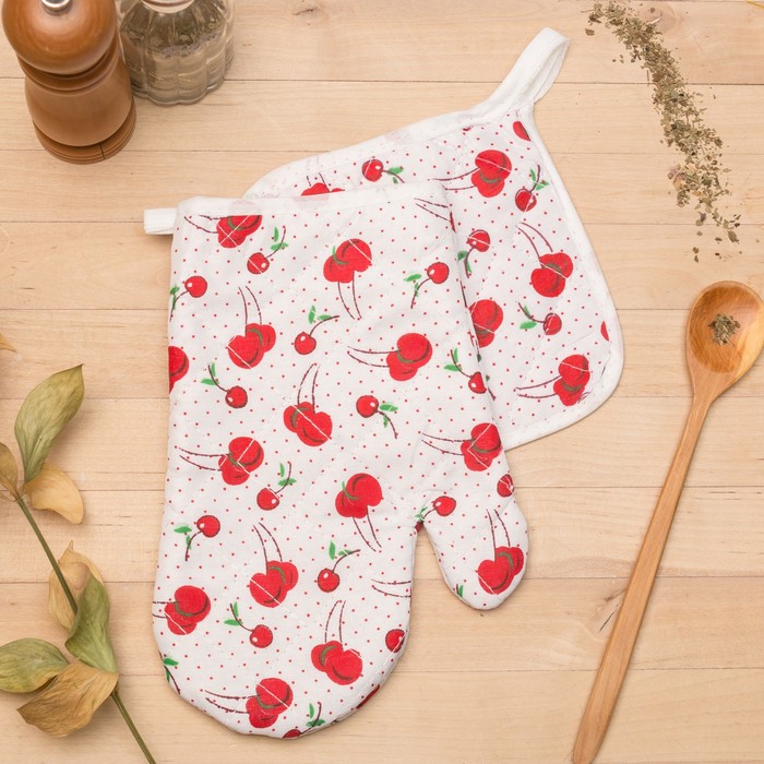 Кух. набор 2 пр. Доляна "Вишенки",прихватка 15x15 см, рукавица 23х15 см,100% п/э