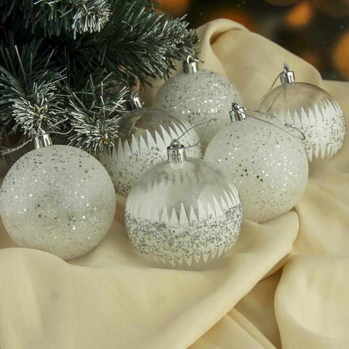 Набор шаров пластик d-8 см 6 шт "Изморозь" иней