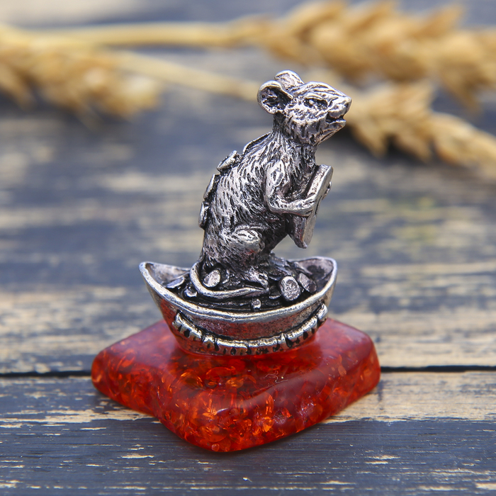 Фигурка на камне мышка "Процветания", серебро состар., 2,6 х 3,8 см