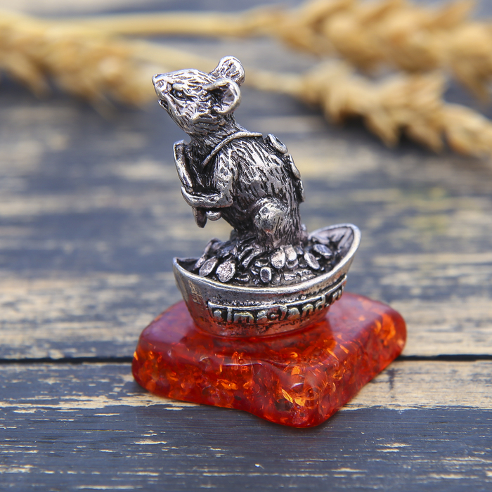 Фигурка на камне мышка "Процветания", серебро состар., 2,6 х 3,8 см