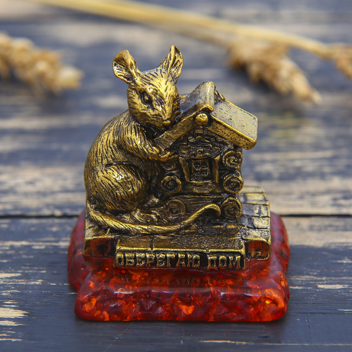 Фигурка на камне мышка "Оберегаю дом", золото, 5 х 4,5 см