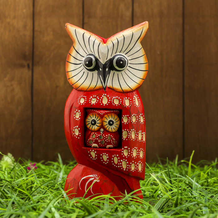 Сувенир дерево "Сова с совёнком" красный 20х8,5х5 см