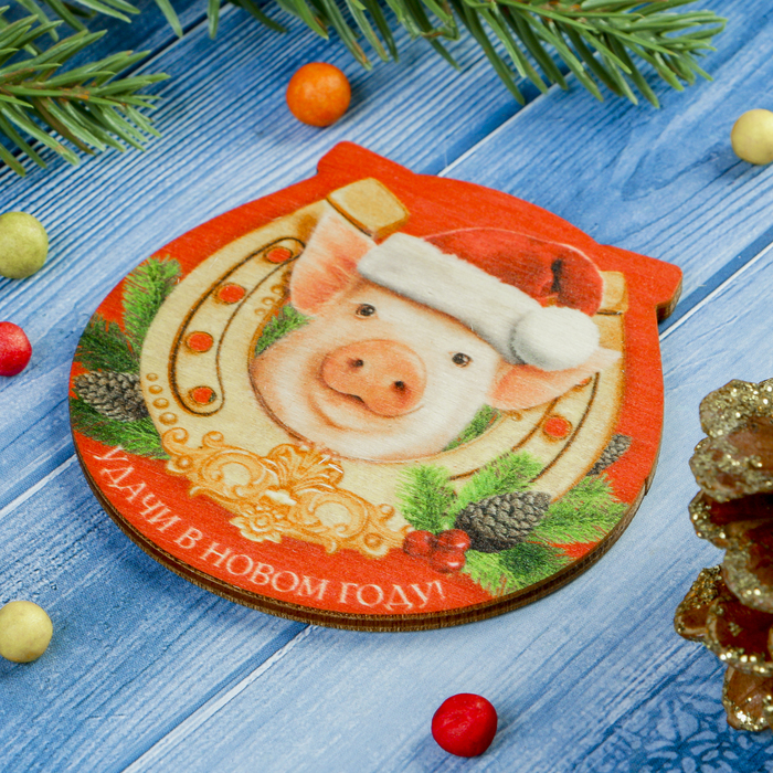 Магнит "Удачи в Новом году" из фанеры, УФ-печать, 7х7 см