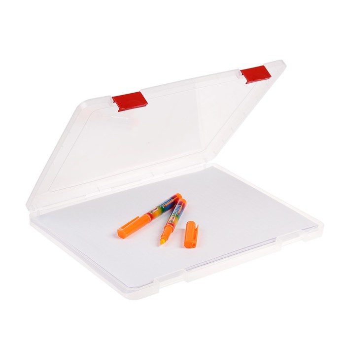 Контейнер для документов А4, с красными защелками, прозрачный