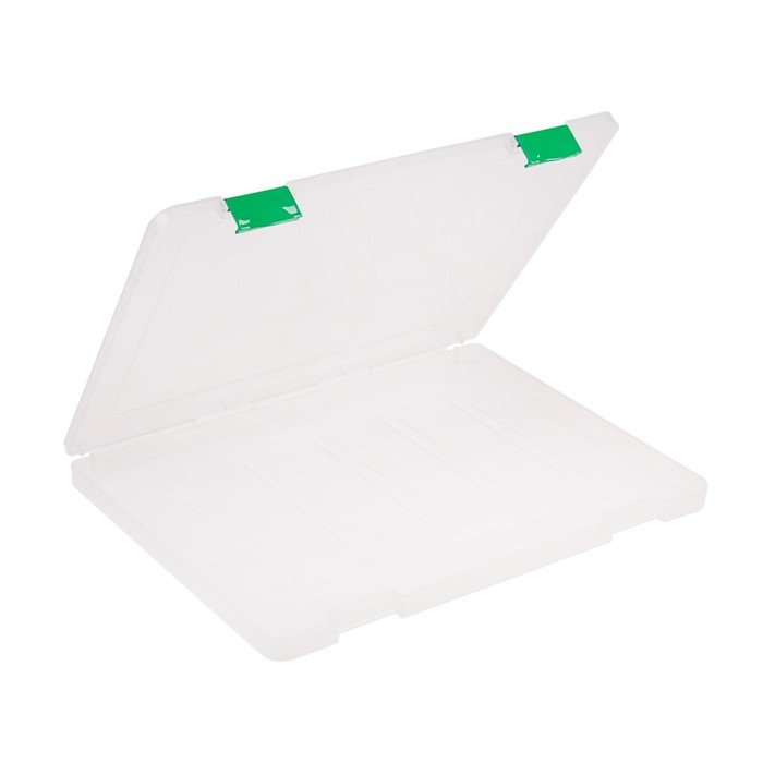 Контейнер для документов А4, с зелеными защелками, прозрачный