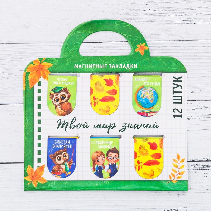 Магнитные закладки на подложке-сумочке "Твой мир знаний", 12 шт.