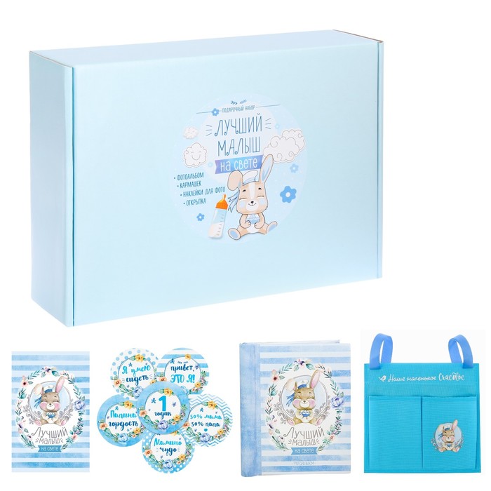 Подарочный набор "Лучший малыш на свете": фотоальбом на 10 магнитных листов, кармашек на кроватку на 2 отделения, наклейки для фотографирования и открытка