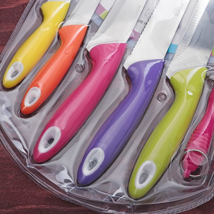 Набор кухонный, 6 предметов: 5 ножей/19/20/15,5/13/8,3 см, мусат 28 см, цвет МИКС