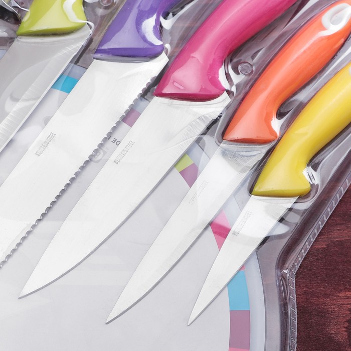 Набор кухонный, 6 предметов: 5 ножей/19/20/15,5/13/8,3 см, мусат 28 см, цвет МИКС