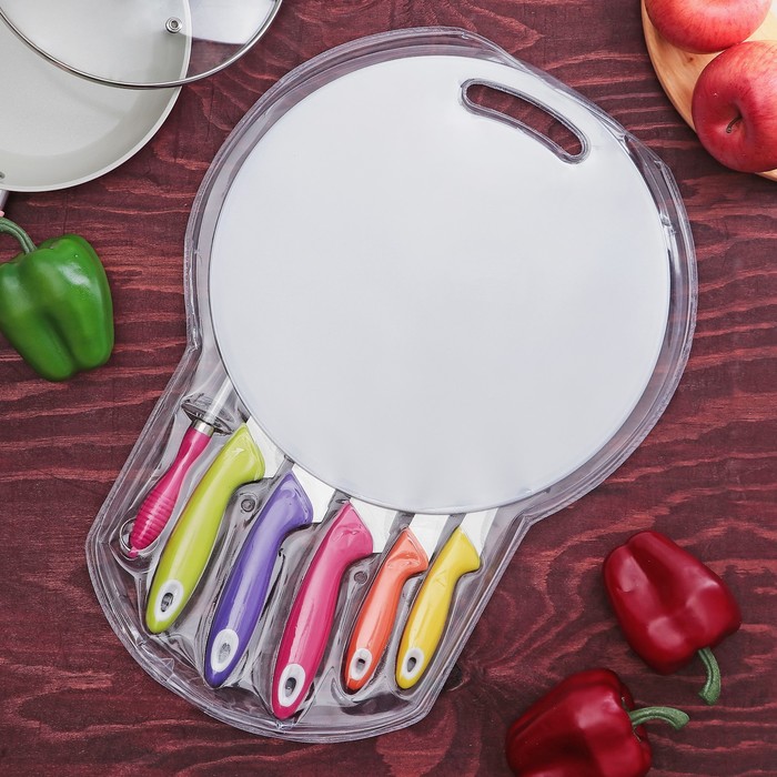 Набор кухонный, 6 предметов: 5 ножей/19/20/15,5/13/8,3 см, мусат 28 см, цвет МИКС