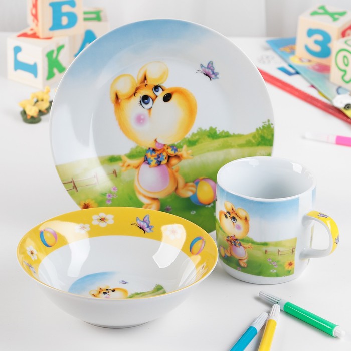 Набор детской посуды 3 предмета "Дружок" кружка 230 мл, миска 400 мл, тарелка d=18 см