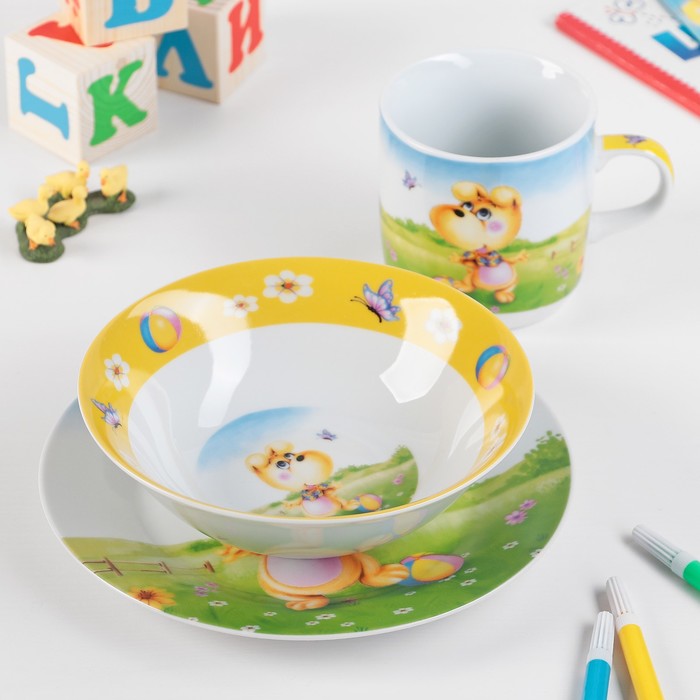 Набор детской посуды 3 предмета "Дружок" кружка 230 мл, миска 400 мл, тарелка d=18 см