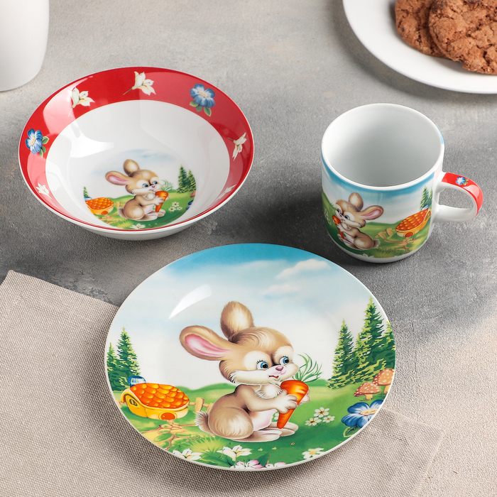 Набор детской посуды 3 предмета "Зайка" кружка 230 мл, миска 400 мл, тарелка d=18 см