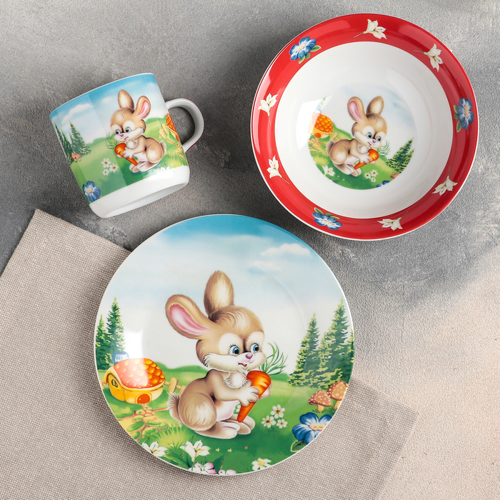 Набор детской посуды 3 предмета "Зайка" кружка 230 мл, миска 400 мл, тарелка d=18 см