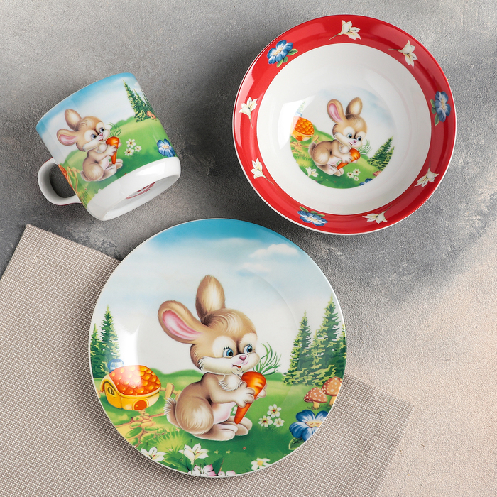 Набор детской посуды 3 предмета "Зайка" кружка 230 мл, миска 400 мл, тарелка d=18 см