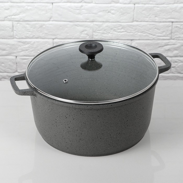 Кастрюля 6 л с внутренним и внешним антипригарным покрытием (гранит), со стеклянной крышкой