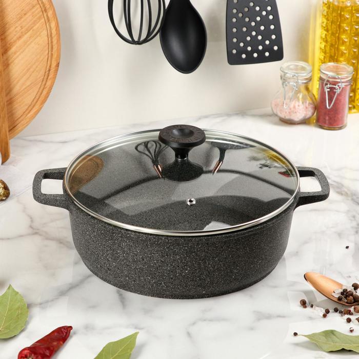 Кастрюля 3 л с внутренним и внешним антипригарным покрытием (гранит), со стеклянной крышкой