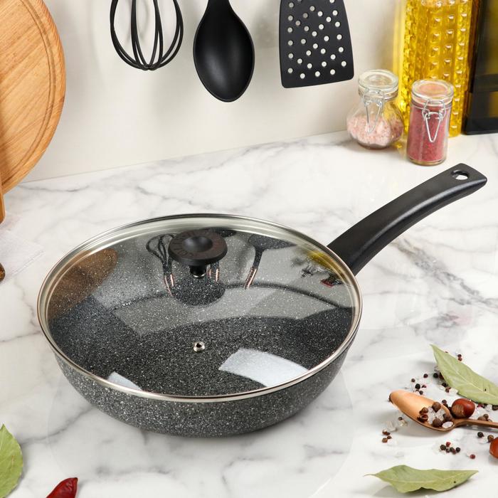 Сковорода 27 см, с внутренним и внешним антипригарным покрытием (гранит), со стеклянной крышкой