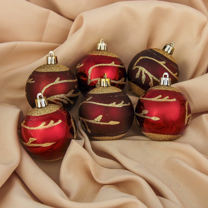 Набор шаров пластик d-6 см 6 шт " Золотой рисунок" бордо