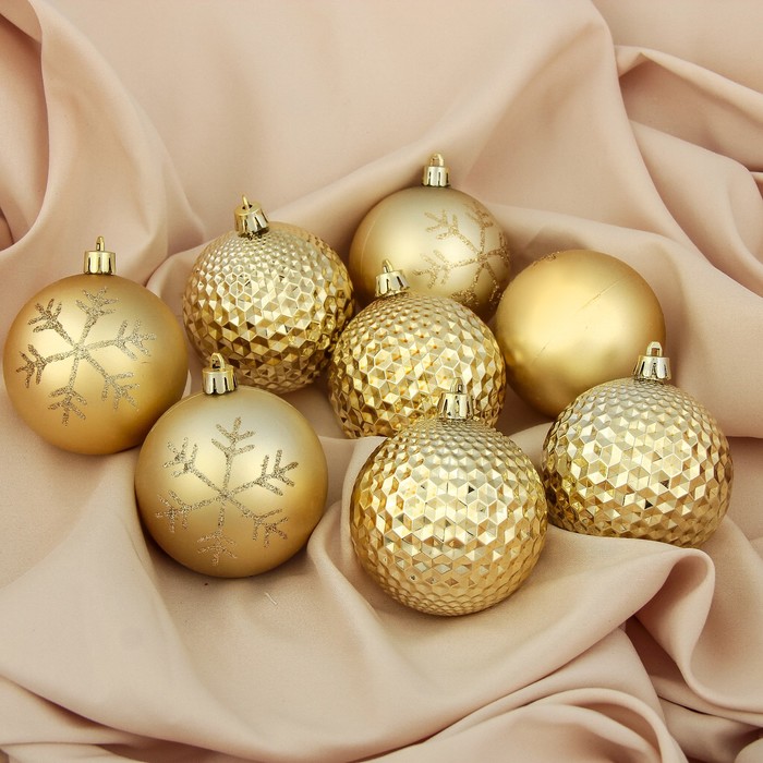Набор шаров пластик d-7 см 8 шт  "Рельеф снежинка" золото