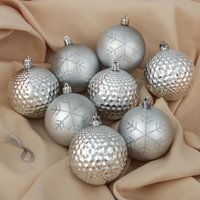 Набор шаров пластик d-7 см 8 шт  "Рельеф снежинка" серебро