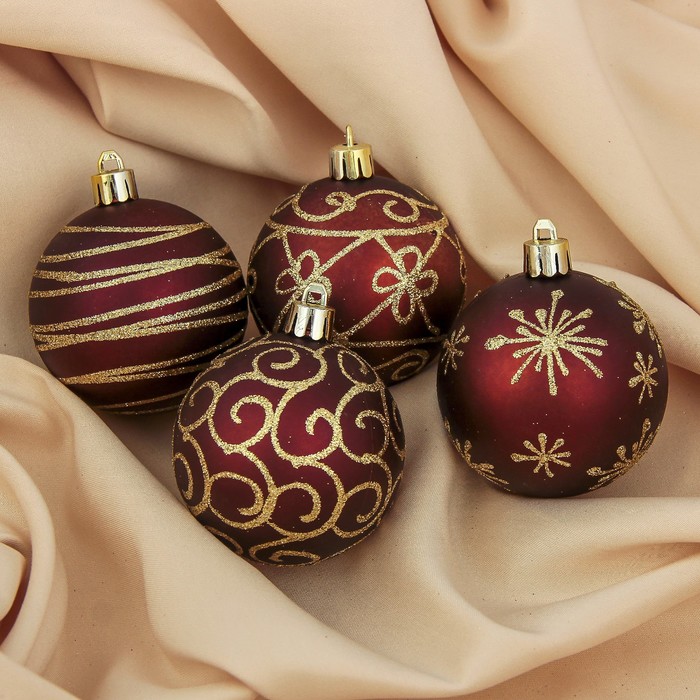 Набор шаров пластик d-6 см 4 шт "Бордо" узорный