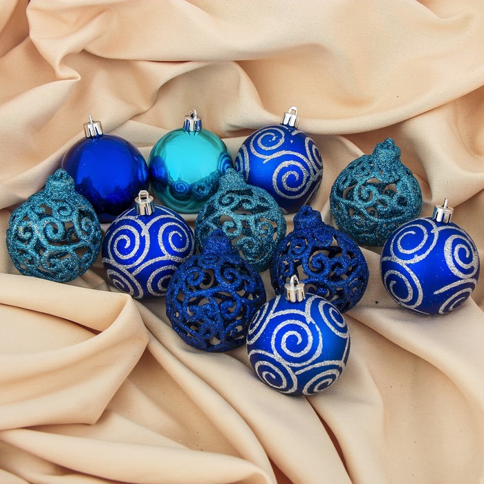 Набор шаров пластик d-6 см 12 шт "Елочка кружева" синий