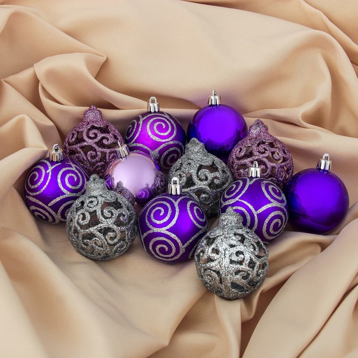 Набор шаров пластик d-6 см 12 шт "Елочка кружева" фиолетовый