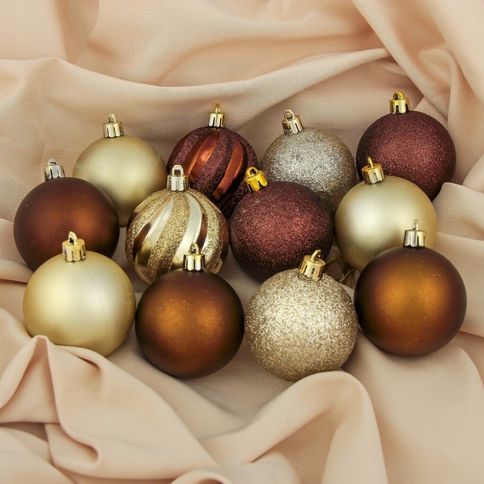 Набор шаров пластик d-6 см 12 шт "Улыбка" кофейный с золотом