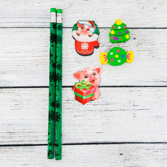 Набор подарочный "Счастливая свинка" карандаш, ластик, закладка по 2 шт.