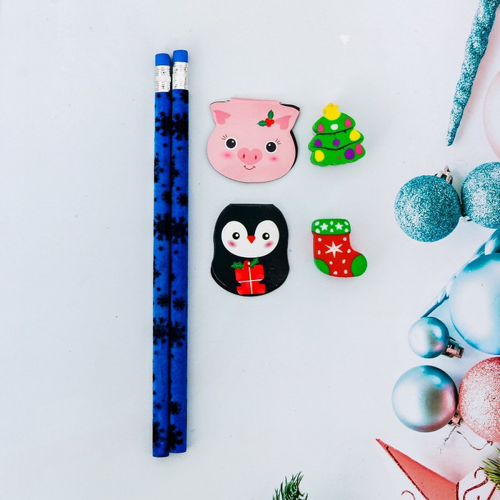 Набор подарочный "Свинка и снег" карандаш, ластик, закладка по 2 шт.