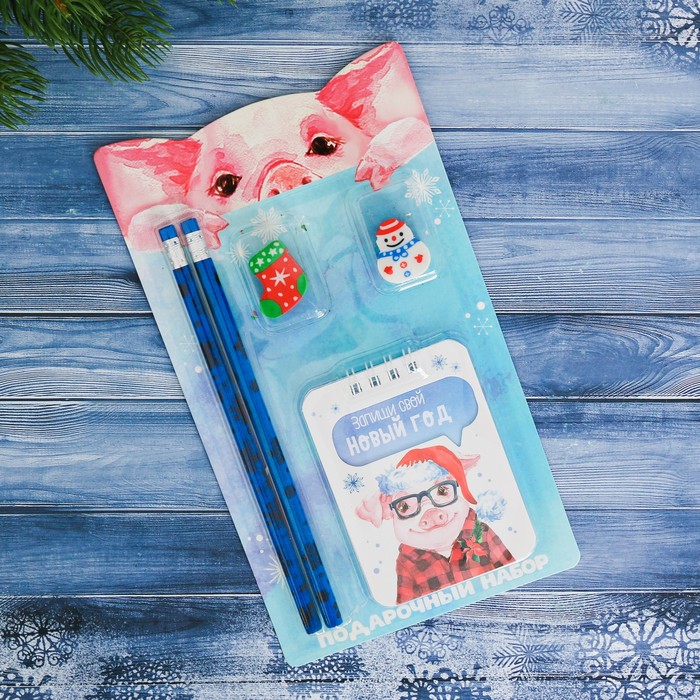 Набор подарочный "Запиши свой Новый Год" 2 карандаша ч/г+2 ластика+блокнот